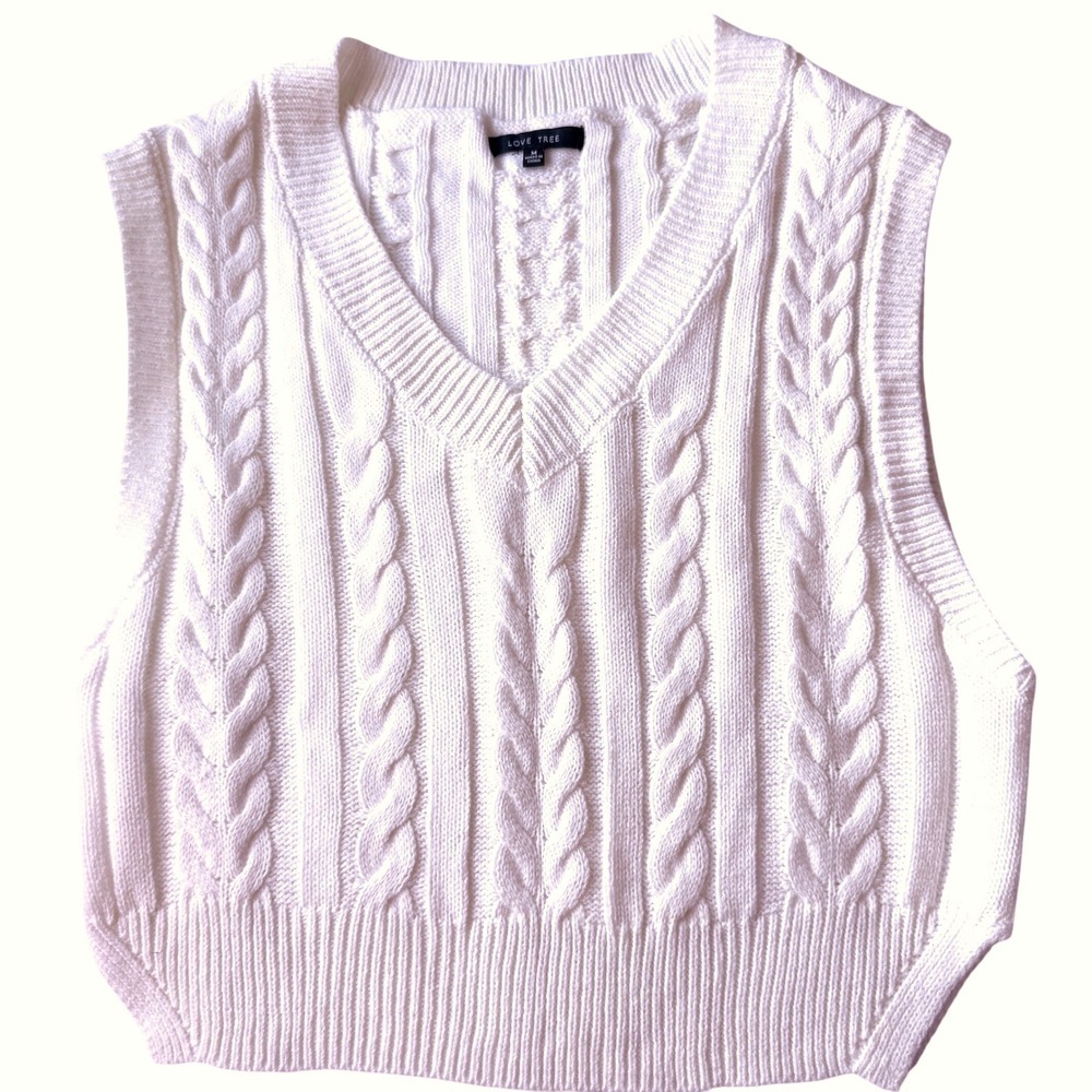Love Tree Cable Knit Sweater Vest Womens M Ivory Cream V Neck Preppy Coastal